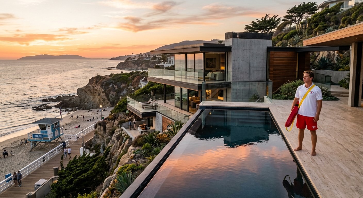 Contemporary Desert Mountain modernist estate with negative-edge pool overlooking the McDowell Mountains and Sonoran Desert at golden hour with professional lifeguard